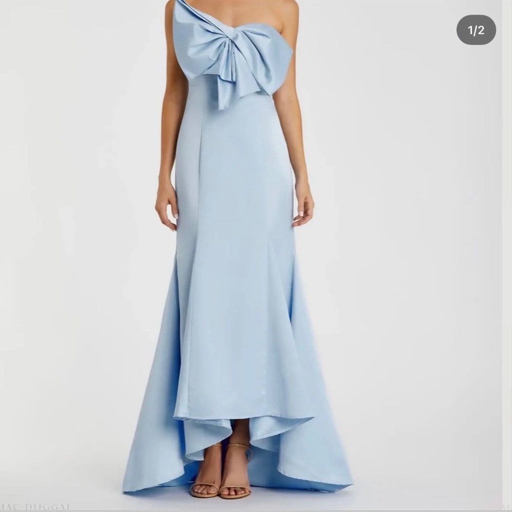 Mac Duggal Light Blue Strapless Bow Mermaid Maxi Dress Gown